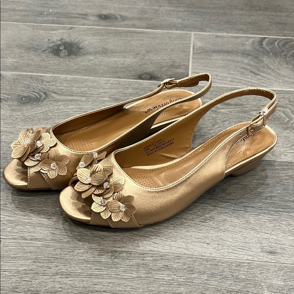 Comfortview Gold Heels with Floral Embellishment